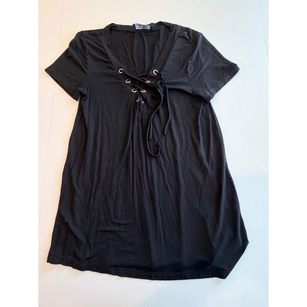 Lulus Black Lace Up V-Neck Short Sleeve Modal Blend Top Small